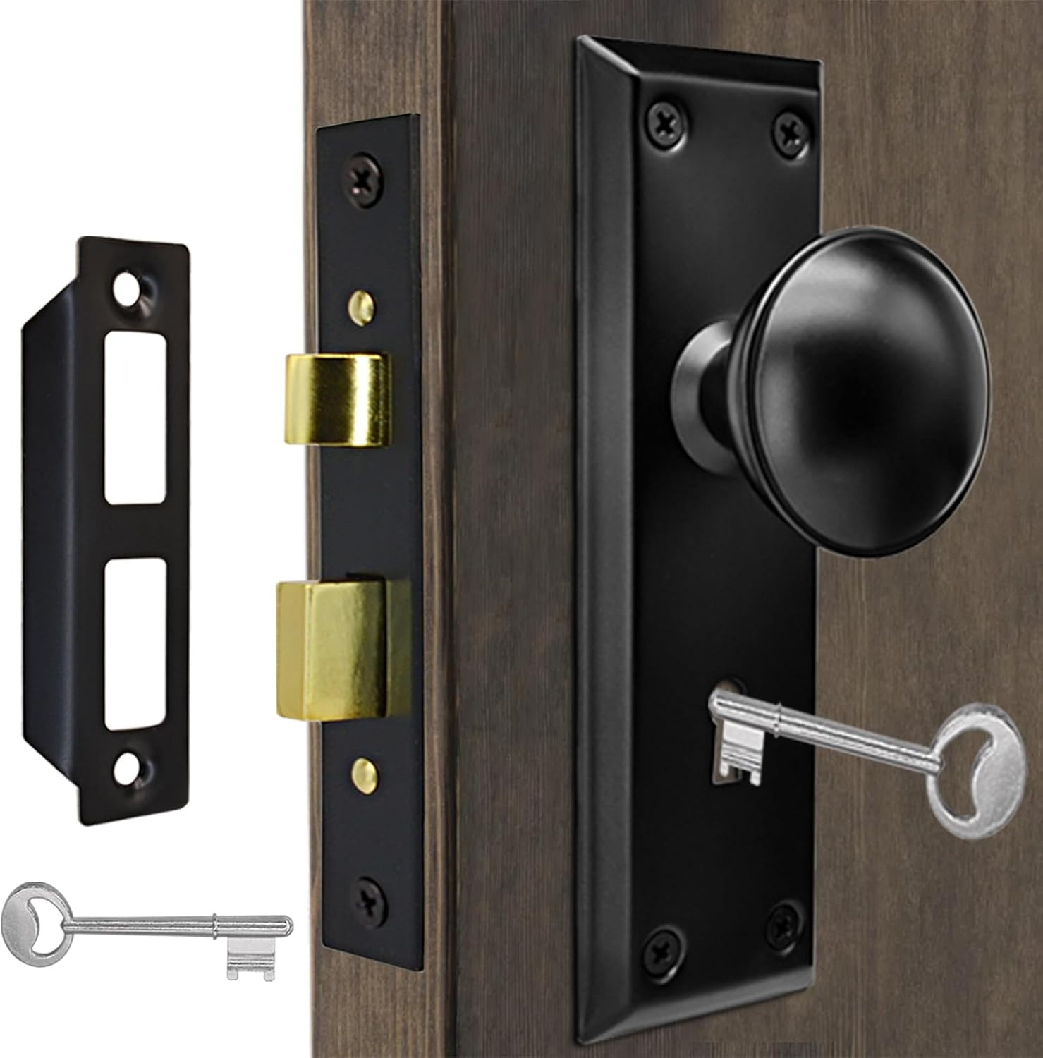 Antique Interior Door Knobs Mortise Lock Set with Skeleton Key Locks, Vintage Do