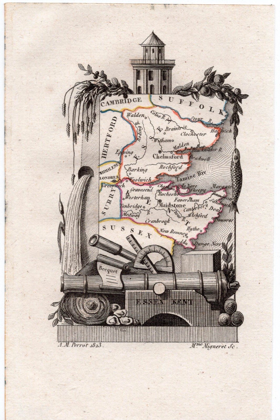 1823 A. M. Perrot Antique Map, Essex, Kent, England