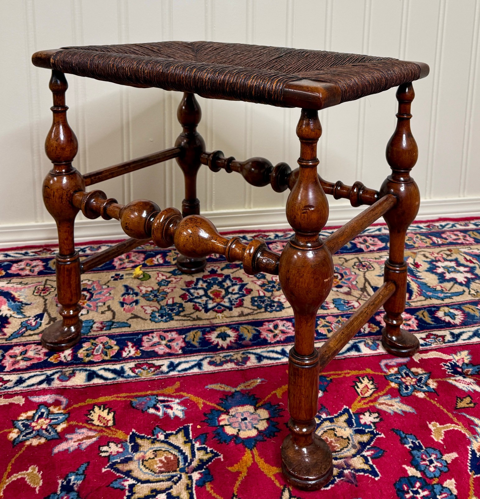 Antique English Rush Seat Bench Stool Joint Stool Turned Leg Carved Oak c. 1930s