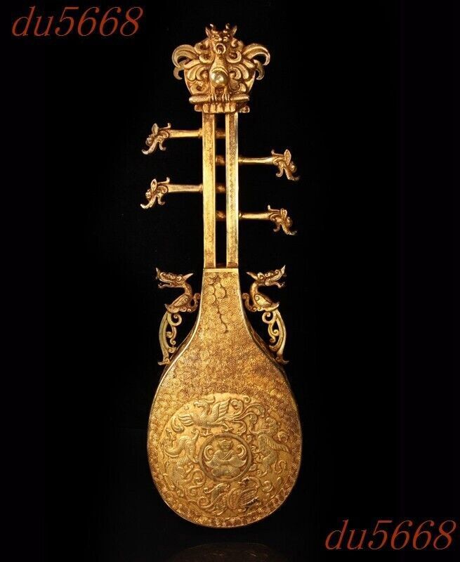 25.8″China bronze Gilt dragon loong Ancient musical instrument lute Pipa statue