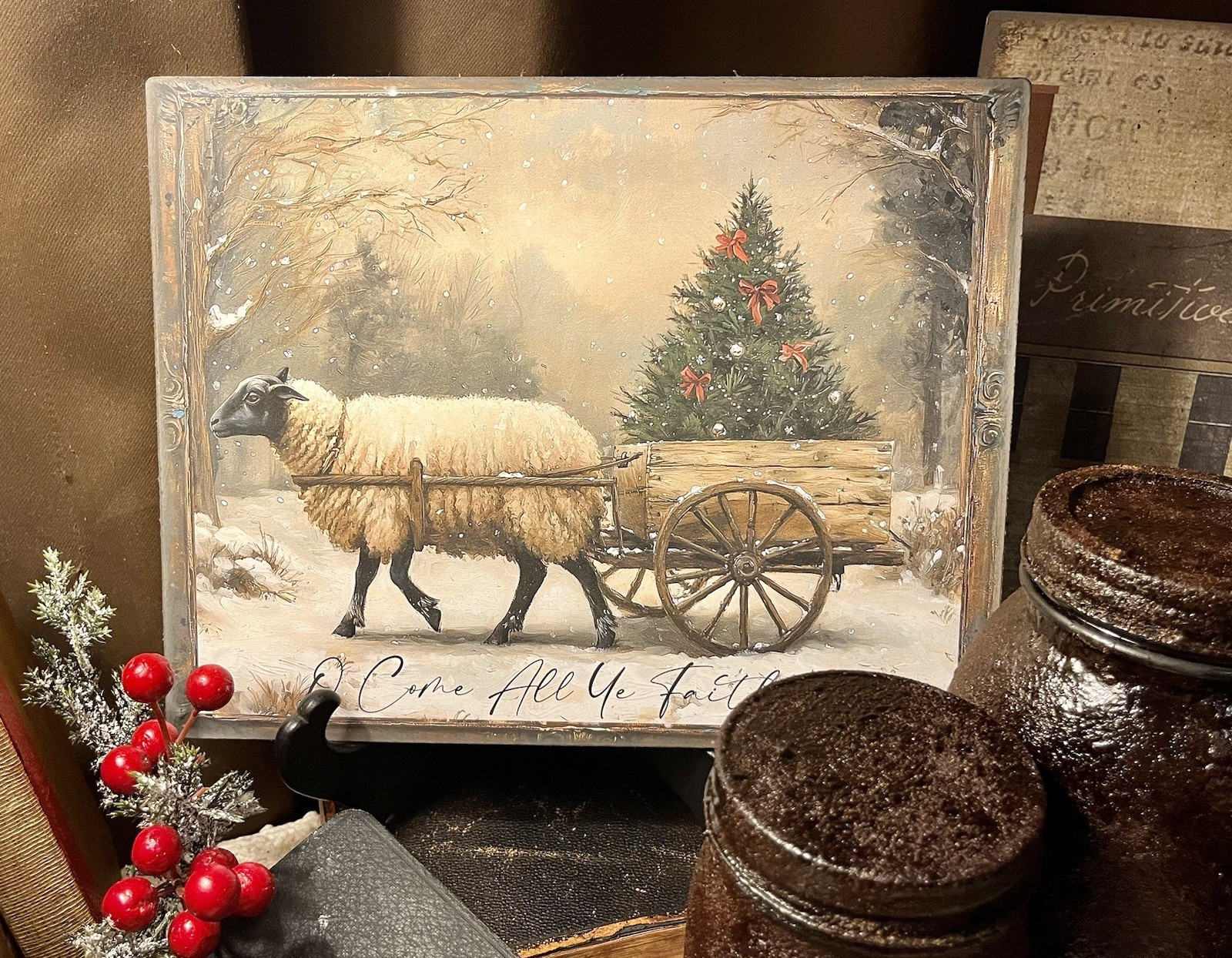Primitive Christmas Sheep Canvas Sign #1