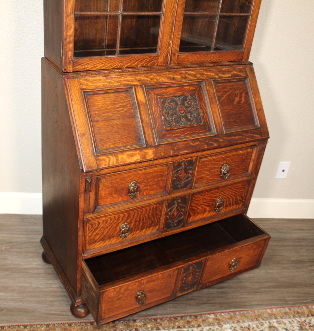 English Antique Jacobean Oak Lidded Glass Secretary Desk / Bookcase.