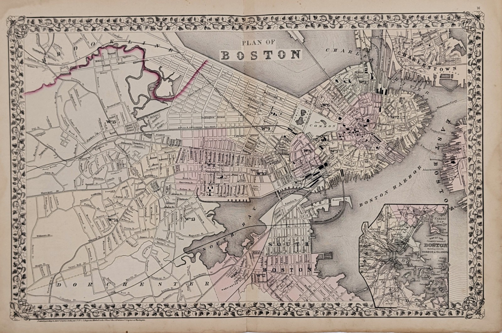 1873 Plan of Boston Map ORIGINAL Charlestown – Dorchester – 21×13 inches LARGE