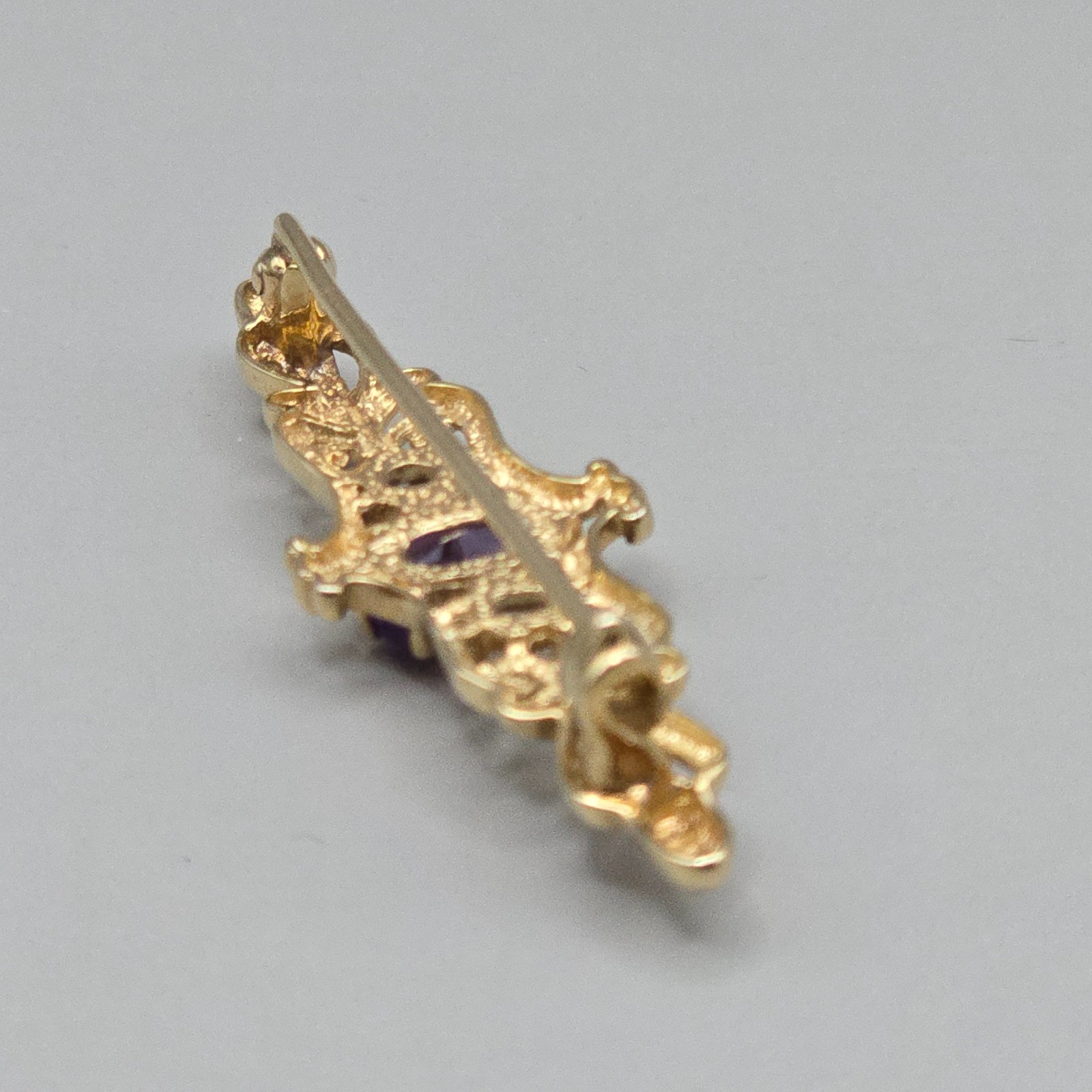 9ct Yellow Gold Amethyst & Seed Pearl Brooch Bar Pin London 1988–1998