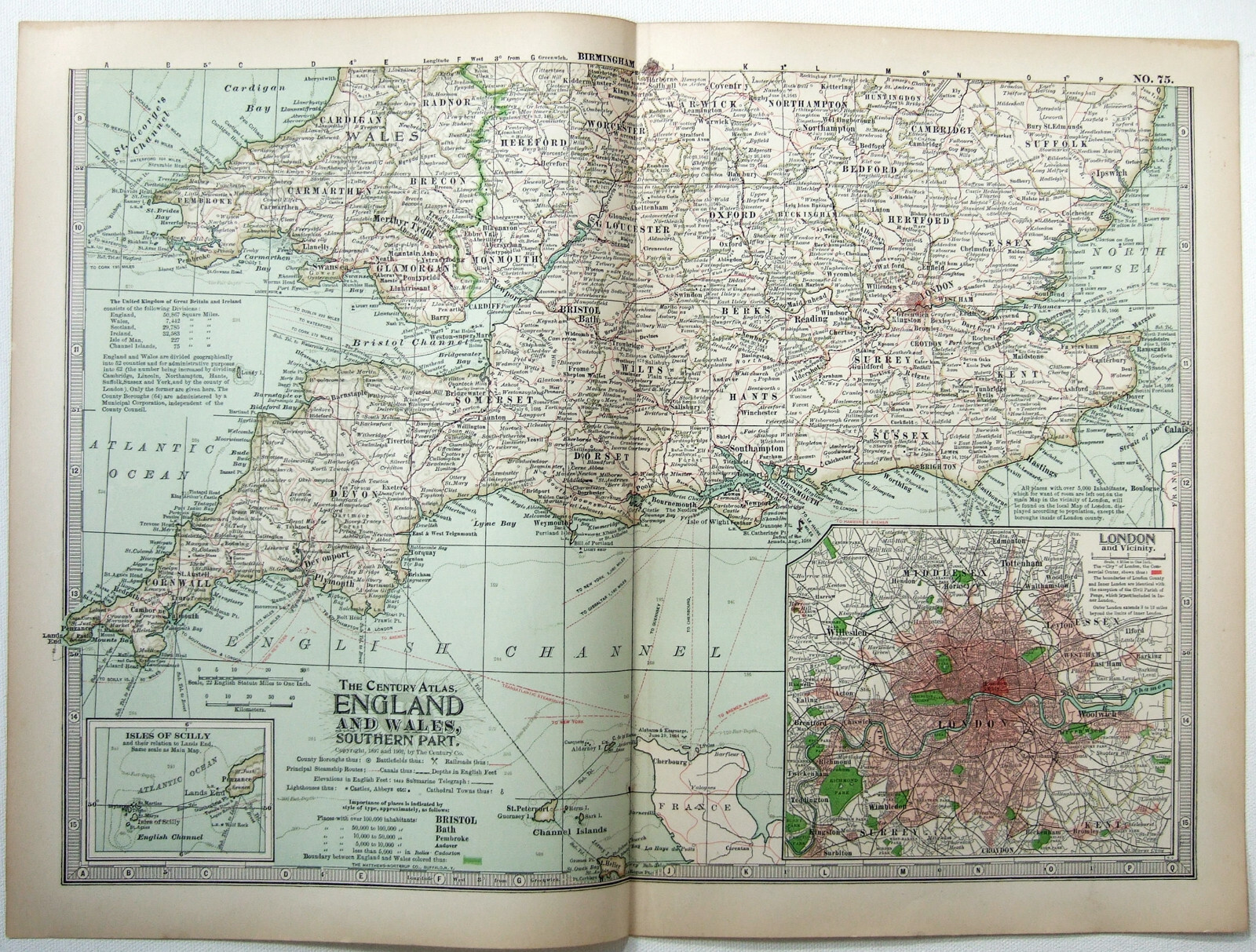 Southern England & Wales – Original 1902 Map by The Century Company. Antique