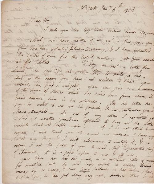 Manuscript letter, New York, economic peril, Embargo Act, American Depression
