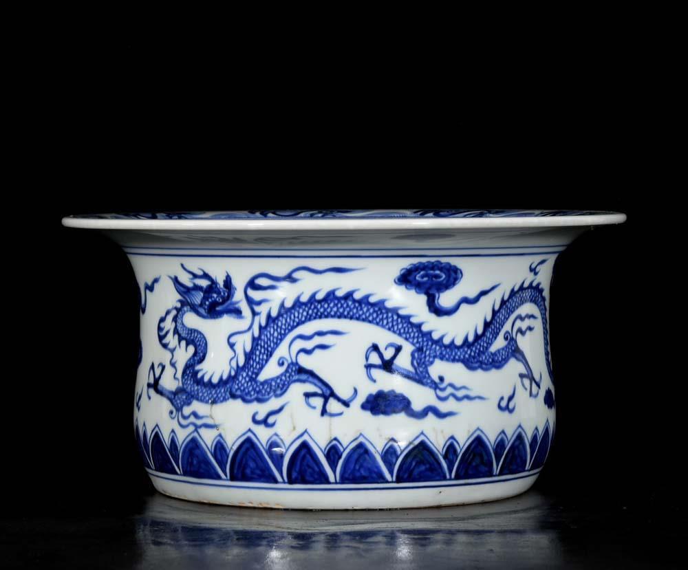 26CM Old Chinese Blue and White Pot Basin W/dragon N3610