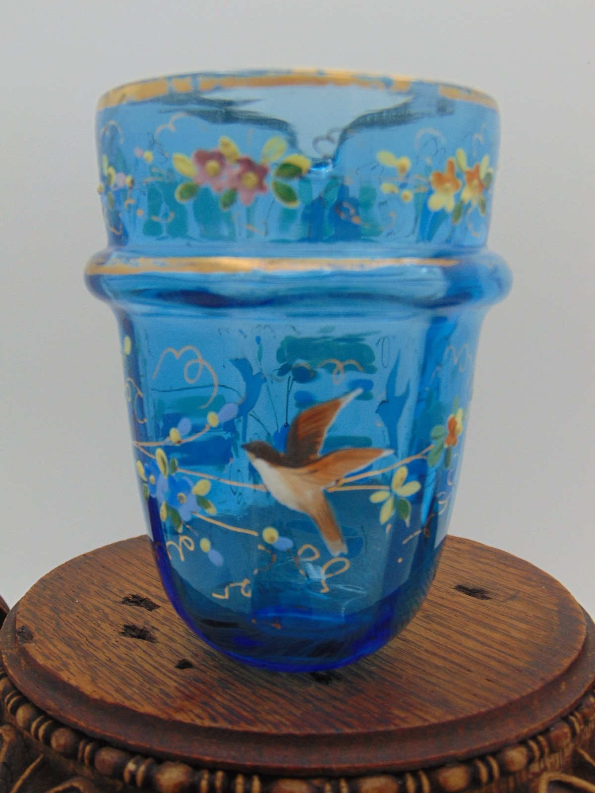 Antique Victorian Blue Topaz Hand Painted Floral Birds Art Glass Creamer Beaker