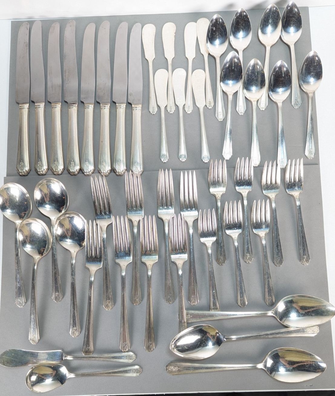 Moderne Silver Plate Flatware Partial Service for 8 + Serving Pieces Deco 47 Pcs