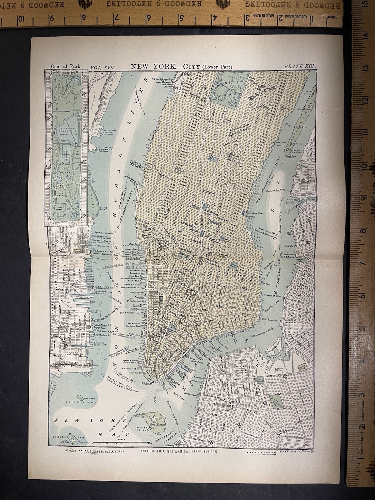 Two 1875-1889 maps of New York City from Encyclopaedia Britannica Plates Vtg