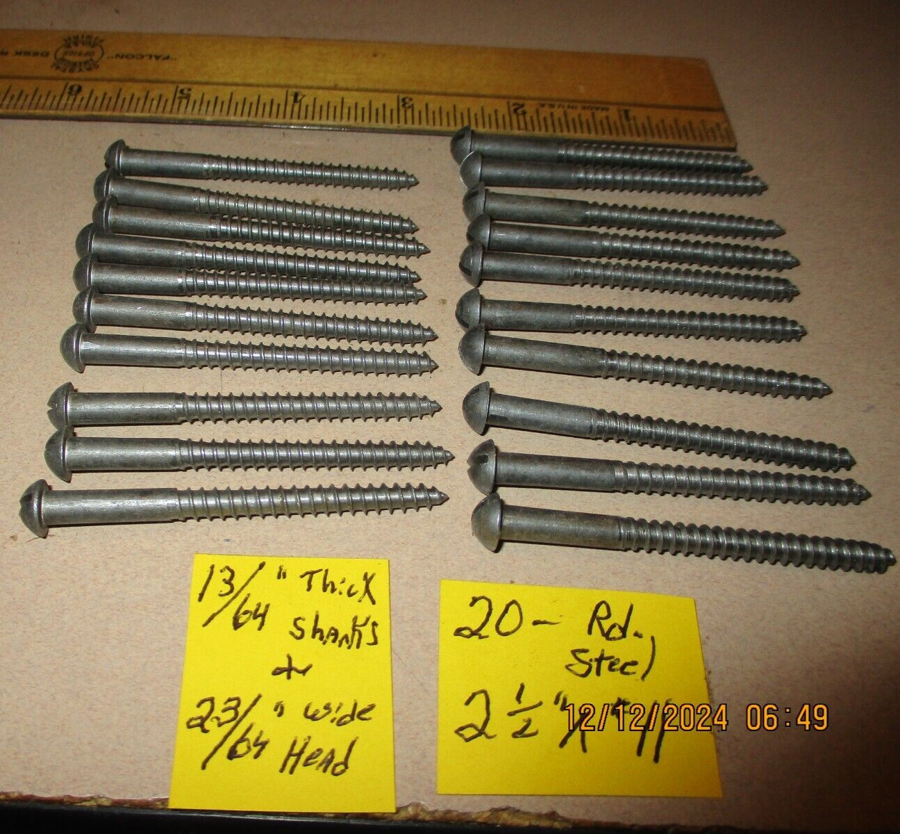 20-NEW-OLD STOCK, SLOTTED ROUND HEAD STEEL WOOD SCREWS 2 1/2″ LONG X #11=13/64″