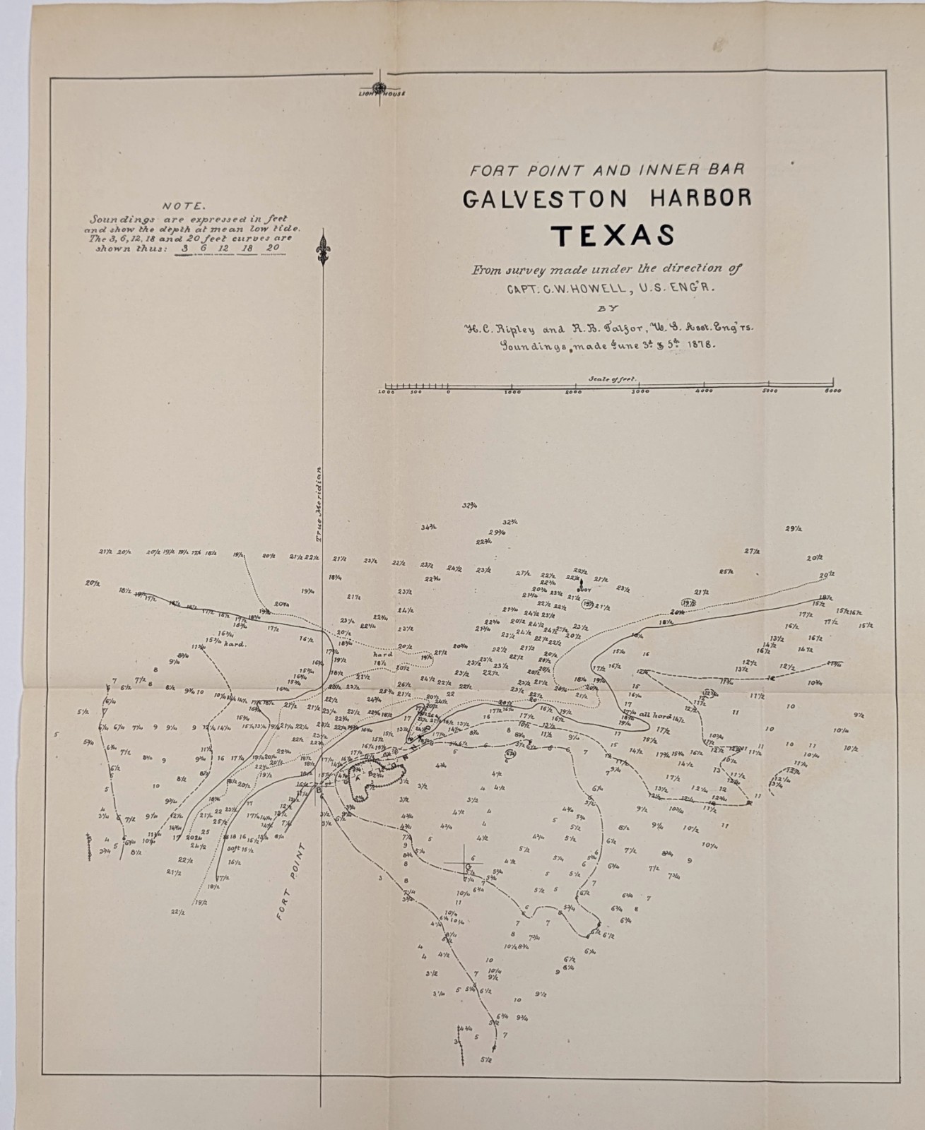 1878 Galveston Harbor Texas – Fort Point Map ORIGINAL Nautical Soundings