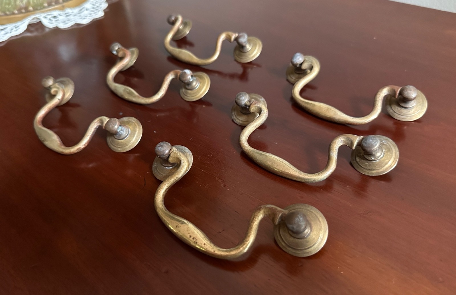 6 Antique Brass Colonial Revival French Provincial Dresser Drawer Bail Pulls