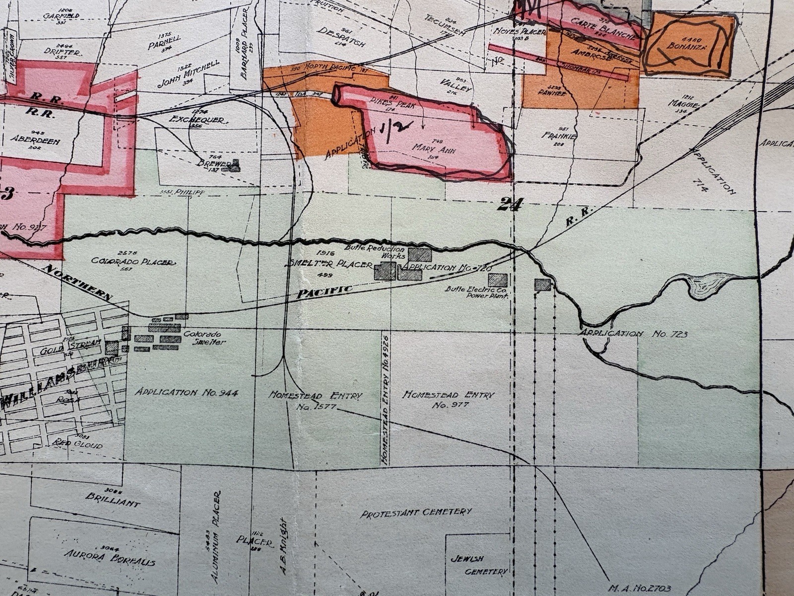1913 Anaconda Copper Mining Claims Map, Marcus Daly, Silver Bow, Butte Montana
