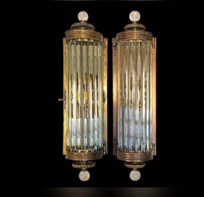 Art Deco Brass & Glass Rod Wall Sconce – Vintage Skyscraper Style Lamp 1 Piece