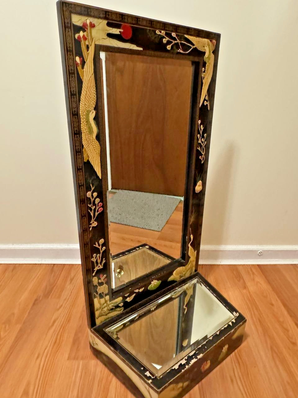 Vintage 1989 Franklin Mint Chinoiserie Wall Mirror Crane Bird Certified Handmade