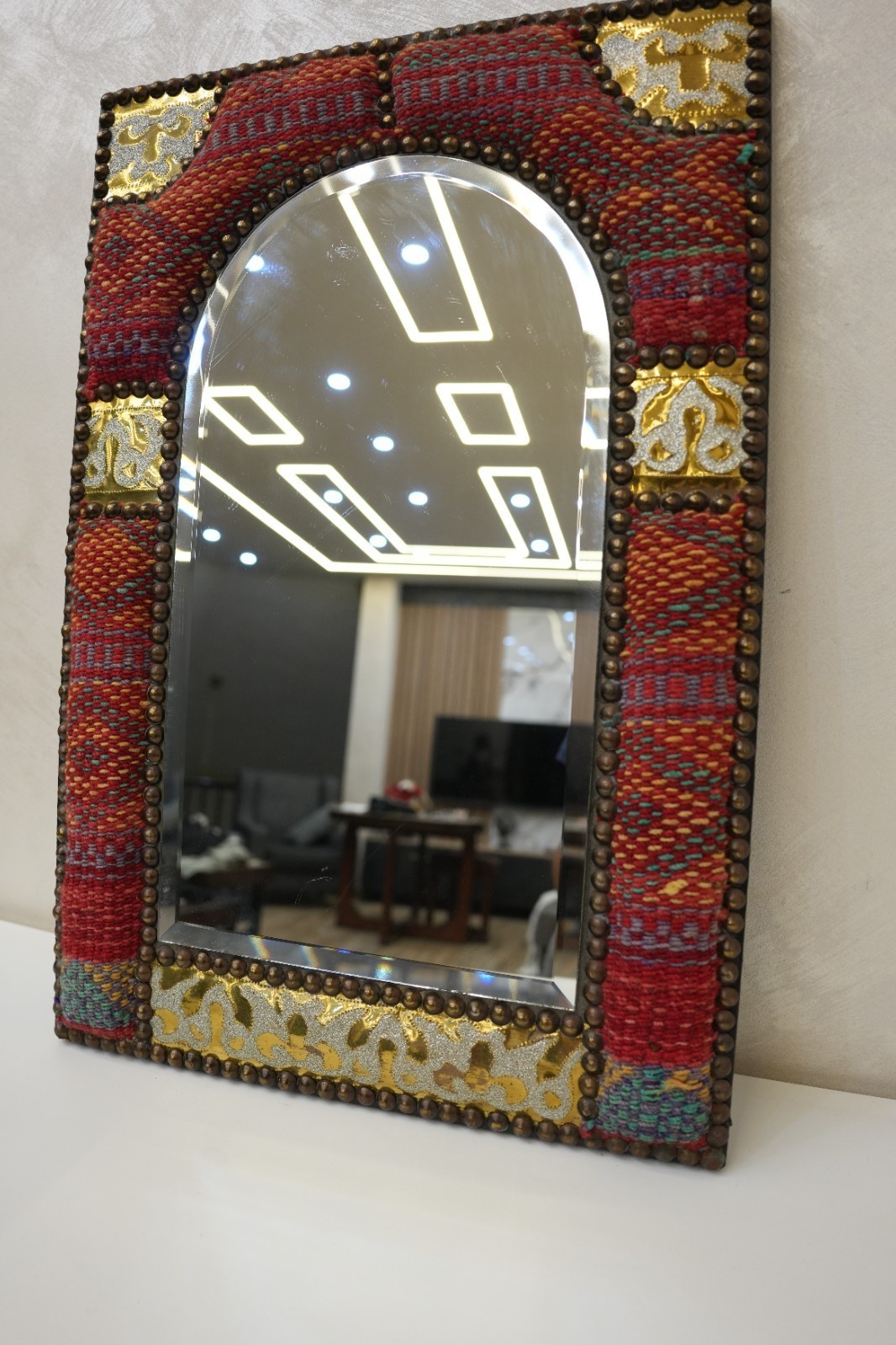 Vintage Handcrafted Arched Mirror Embroidered & Metal Frame – Boho Ethnic Decor