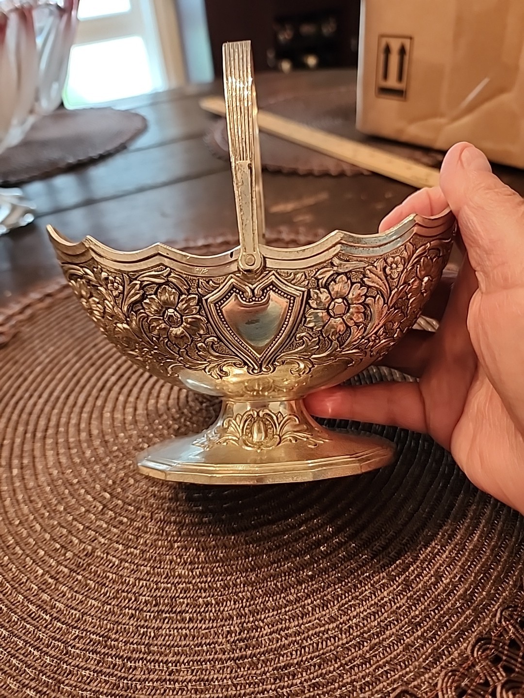 Vintage Silver Plated Oval Basket With Handle Grape Fruit Design Regal Victorian