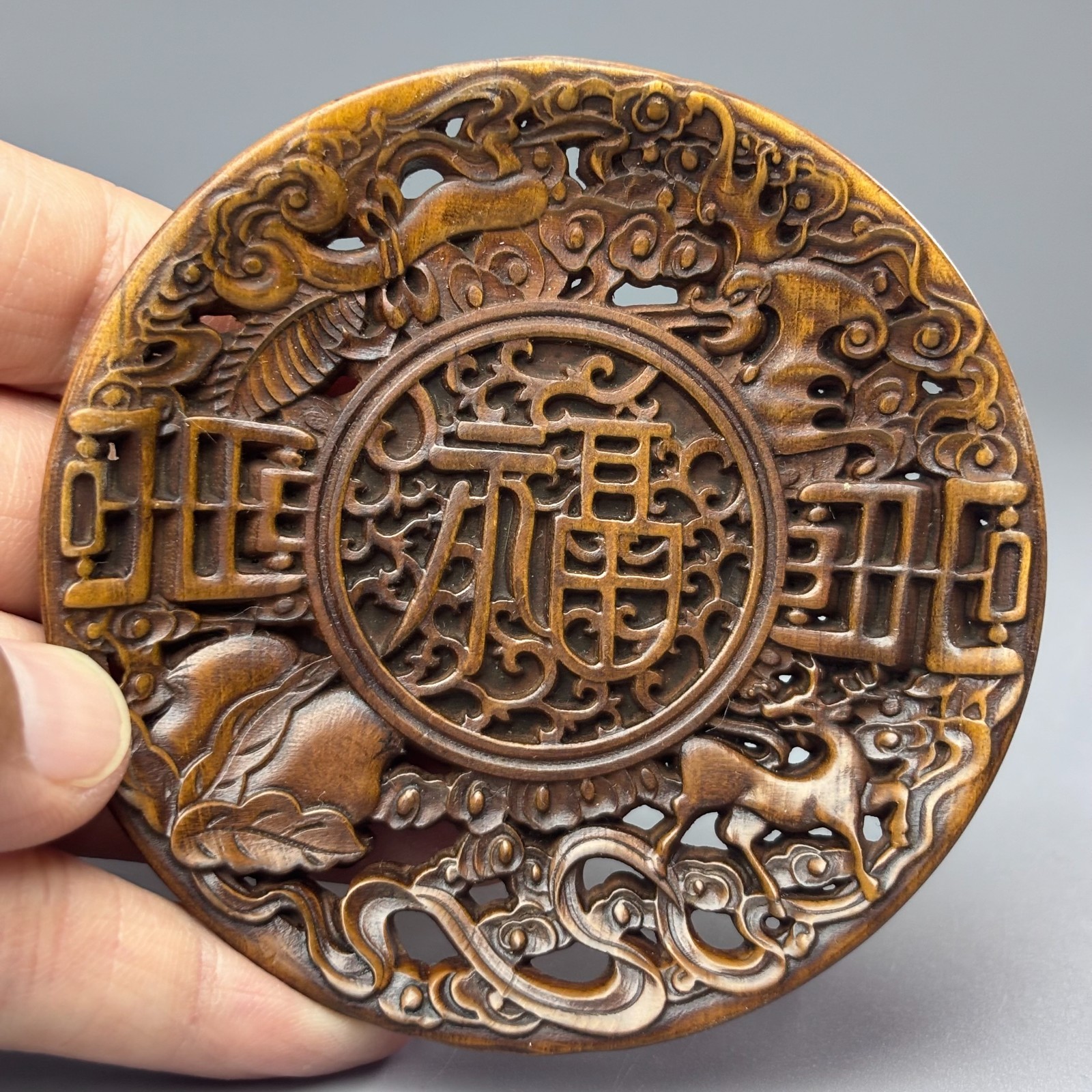 3.1″ China Exquisite Boxwood Handmade Carved Deer Tea Tray Statue B363