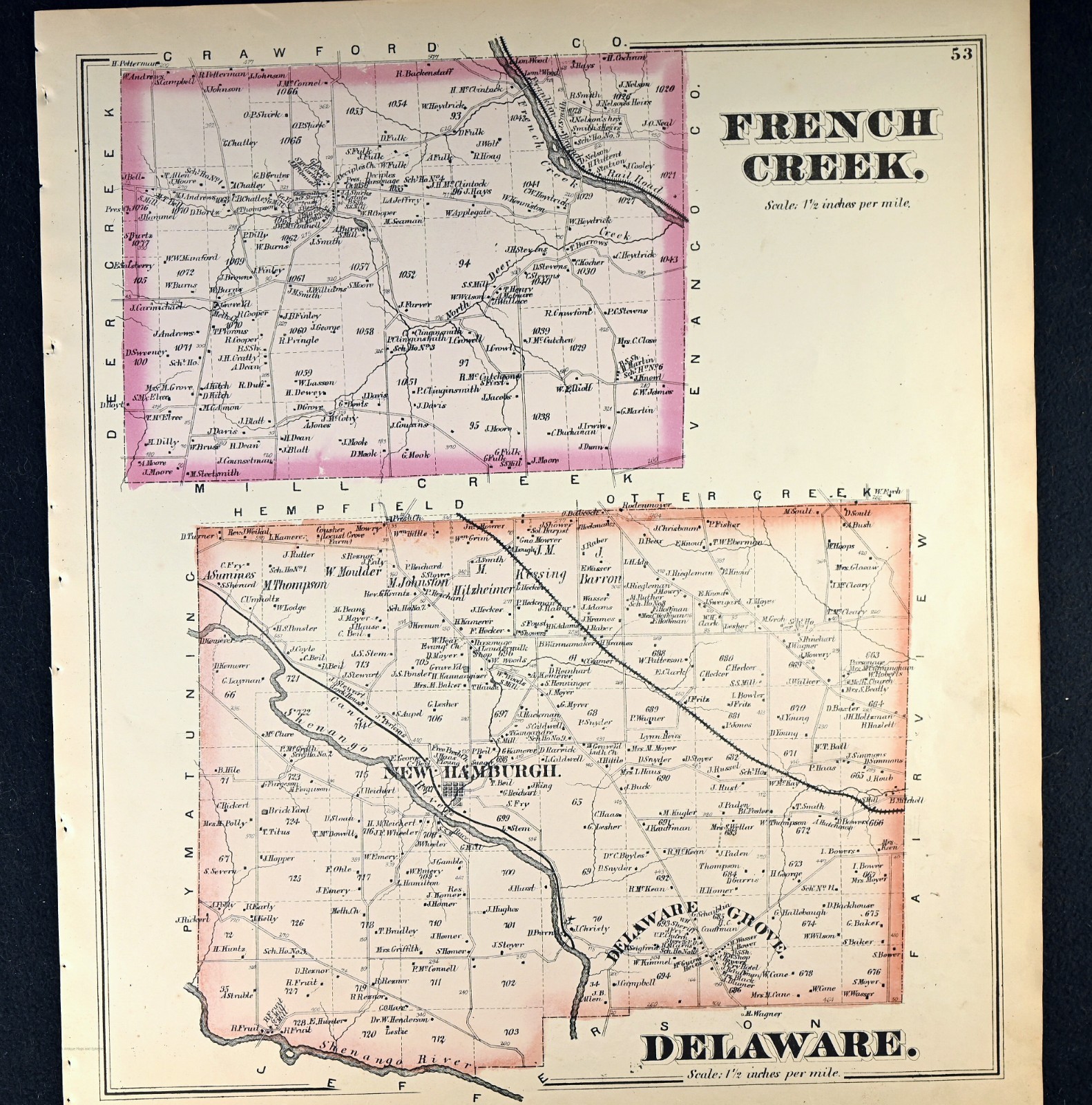 1873 Plat Map Delaware French Creek Township Mercer County PA Property Owners
