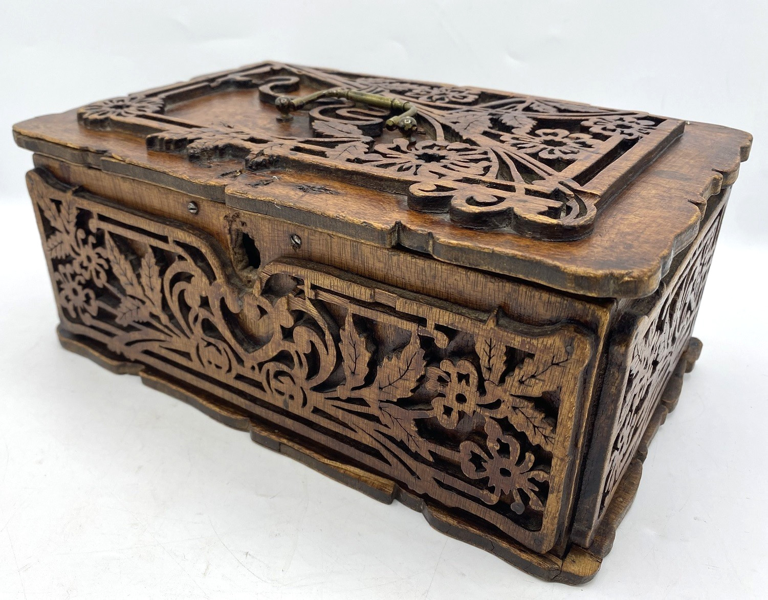 Large antique french Art Nouveau box early 1900’s woodwork bronze handle