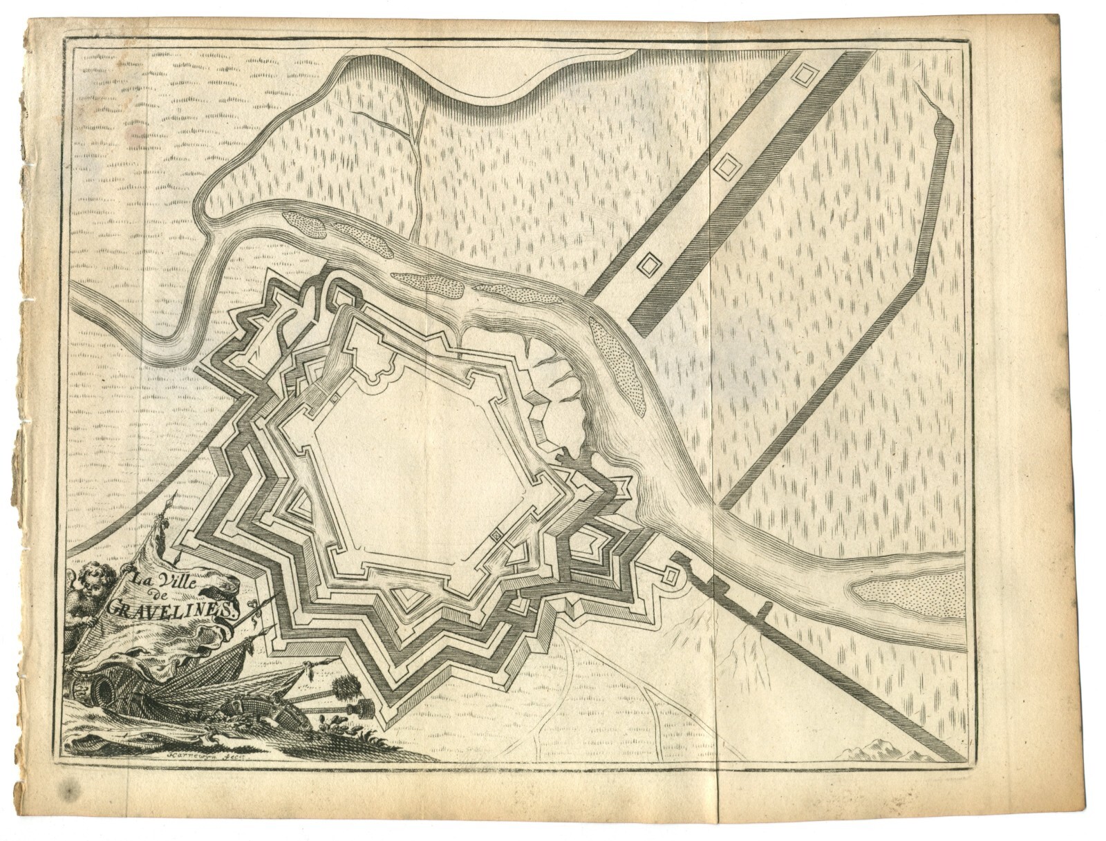 1720 antique original map La Ville de Gravelines France by Jacobus Harrewijn