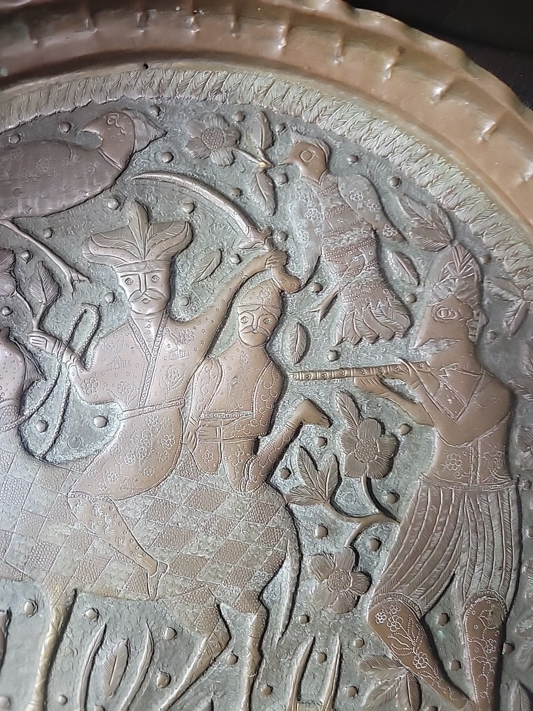 Antique Middle Eastern Brass Hand Tooled India Tray 15.5″ Round Hunting Scene