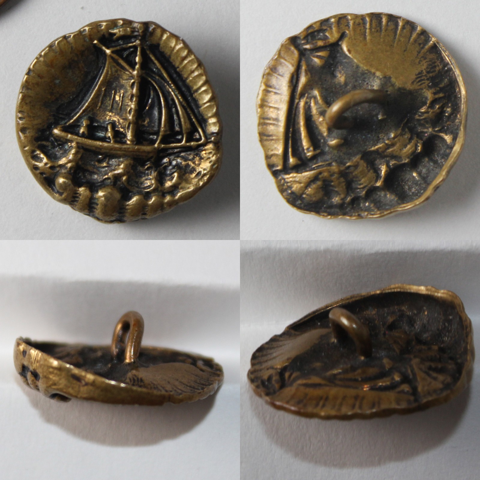 Antique 1790-1820 Stamped Brass Sailing Ship Picture Button – Off Center Strike