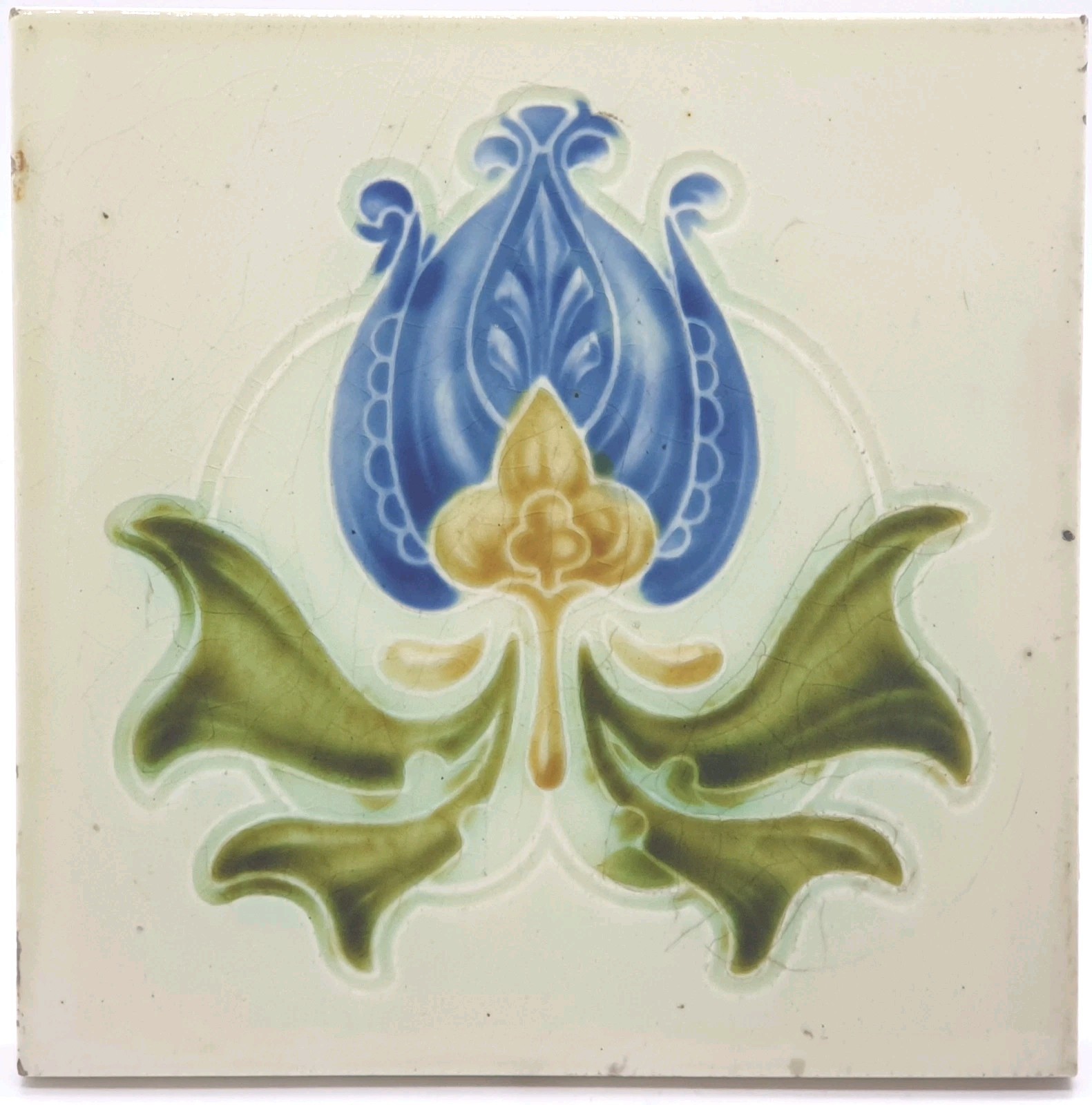Reclaimed Art Nouveau Fireplace Majolica Tile Floral Design Corn Bros C1905