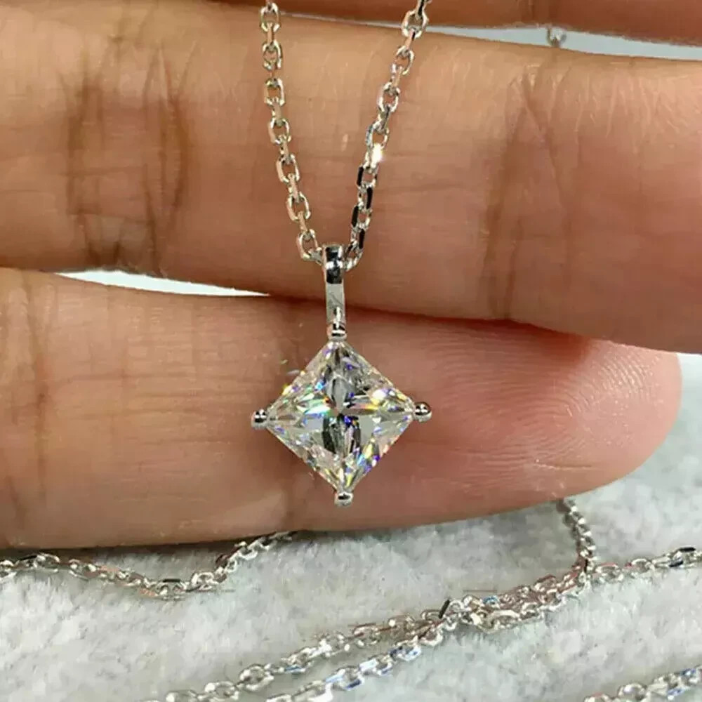 2Ct Princess Cut Lab Created Diamond Women Pendant Chain 14K White Gold Plated