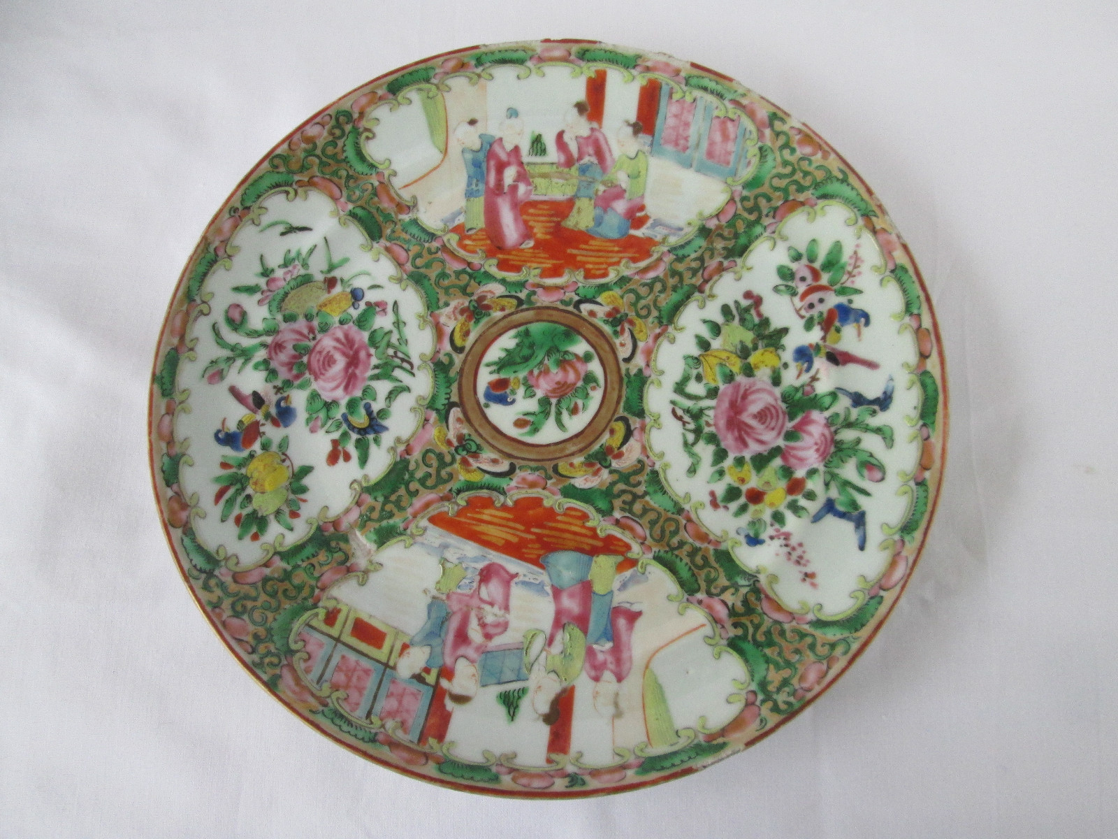 Antique 19 C. Chinese Export Famille Rose Plate, Canton Region Birds and Figures