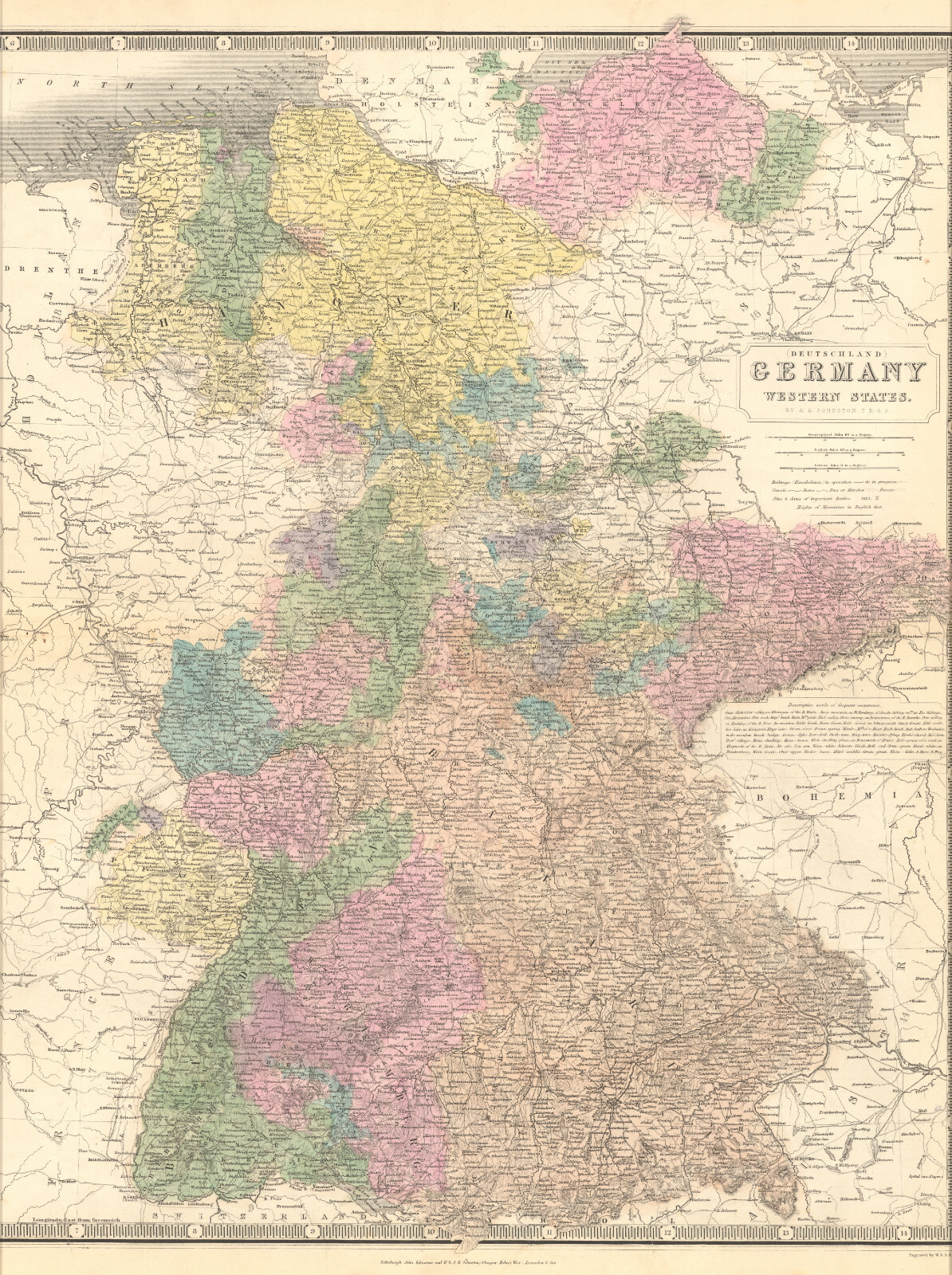 1845 Germany map by A.K. Johnston ~ 25.8″ x 21.2″ Antique Pastel Color Huge