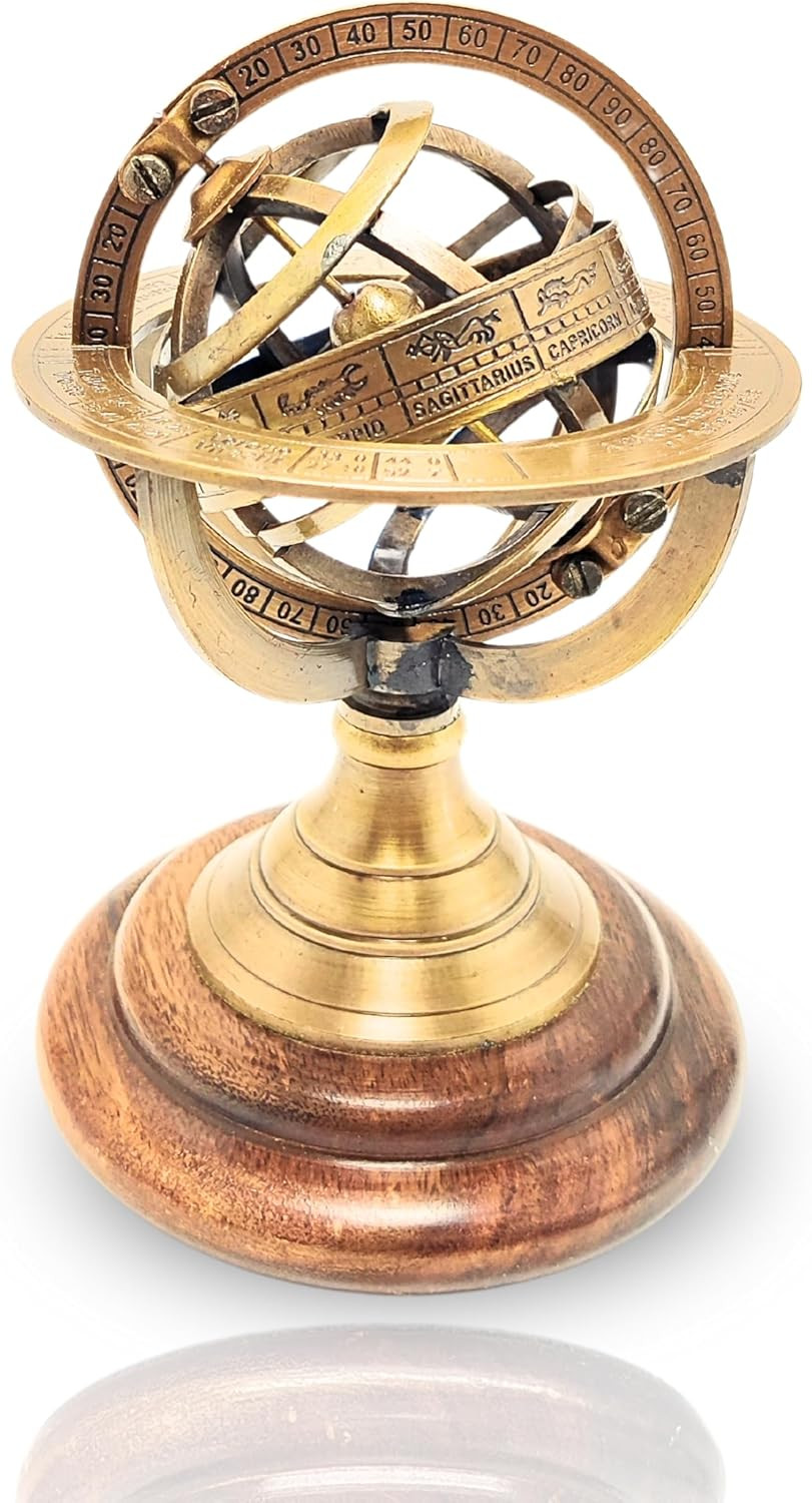 Antique Style Nautical Brass Armillary Sphere World Globe Astrolabe Mounted on W
