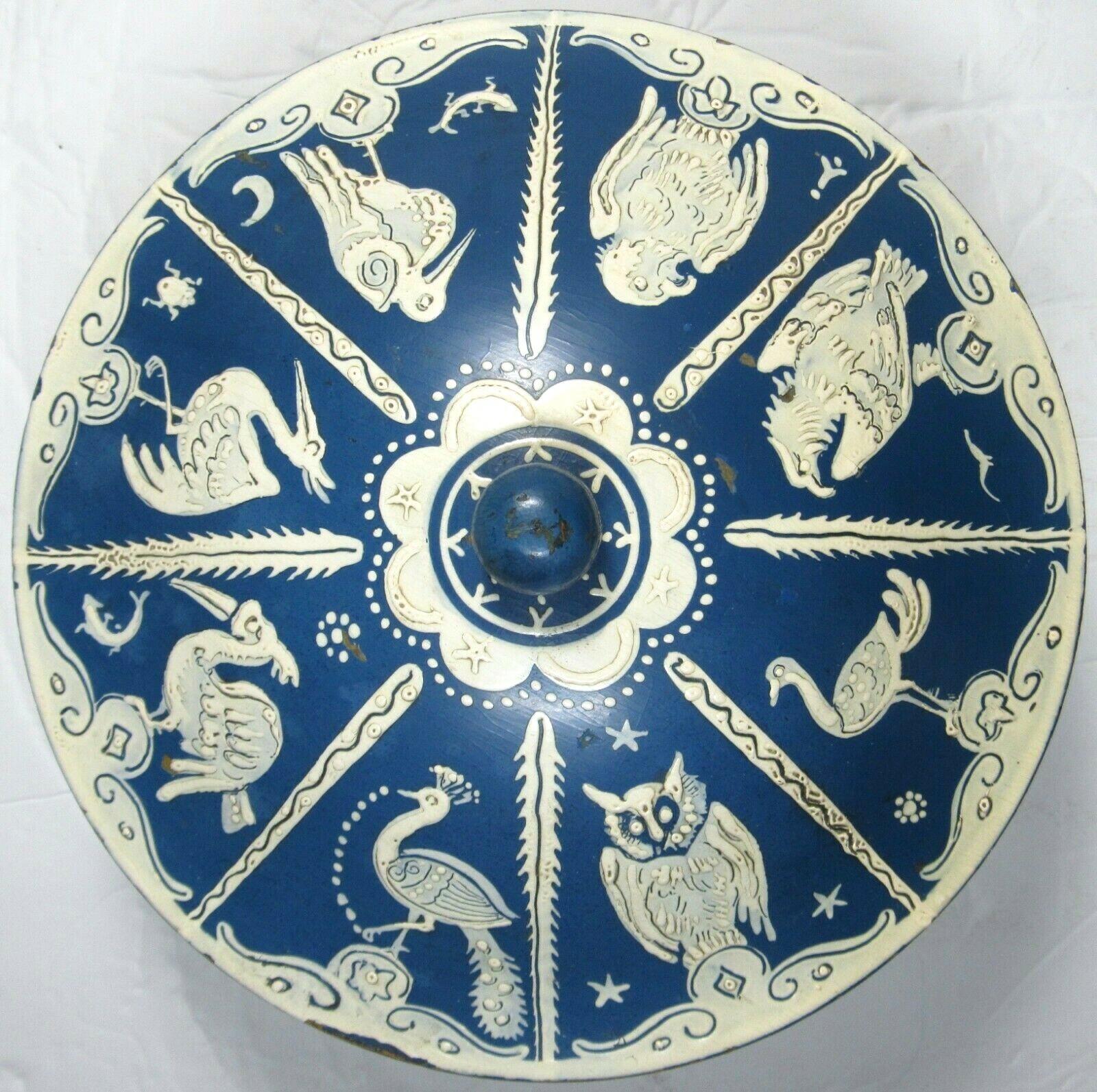 Treen Ware Pedestal Bowl w/ Lid Blue & White Painted BIRDS Hand Turned Primitive