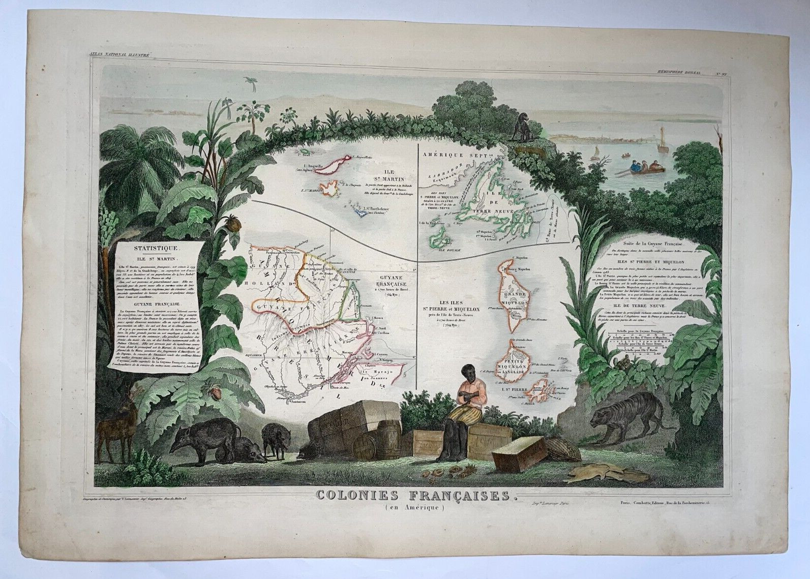 FRENCH COLONIES in AMERICA 1850 VICTOR LEVASSEUR LARGE ANTIQUE MAP 19e CENTURY