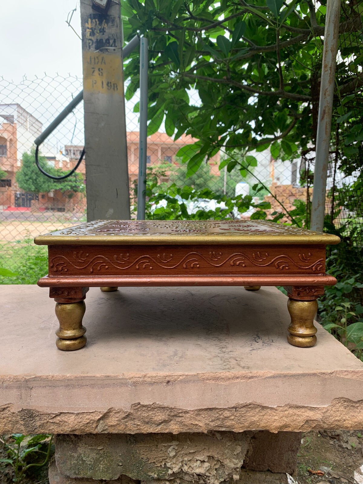 Embossed Wooden Bajot Home Decor Antique Chowki Table Top Bench Pooja Stool
