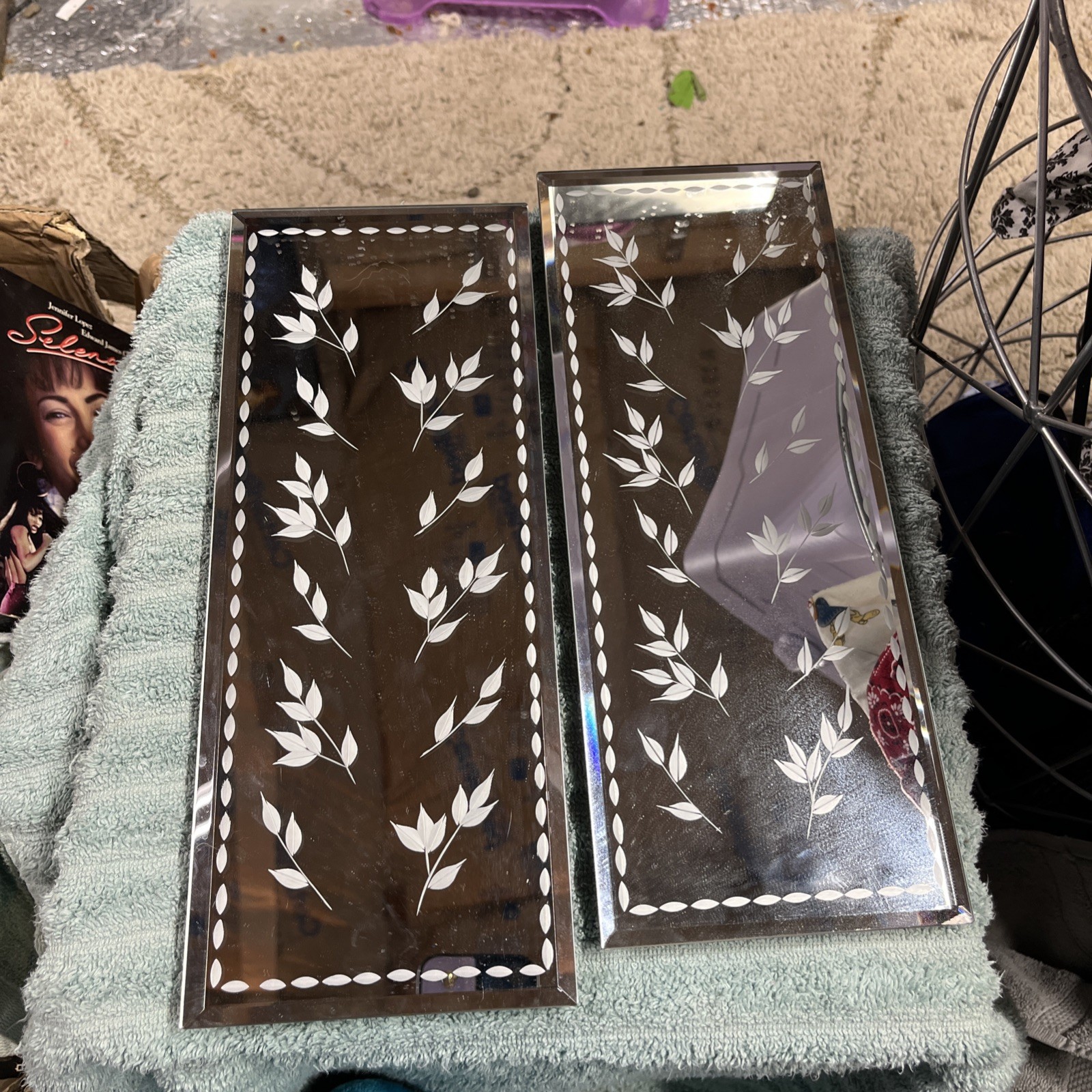Wall Mounted Mirrored Panels W/ a Leaf Design, Pair Of Two