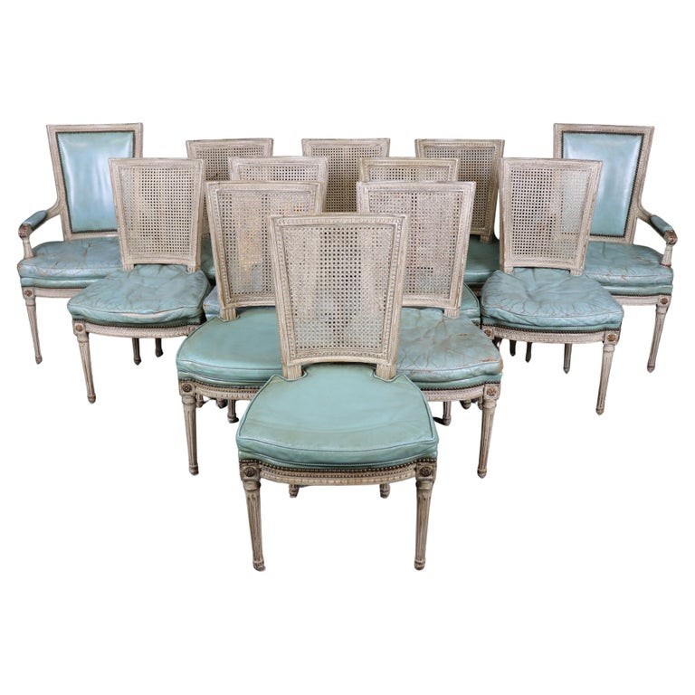Rare Distressed Paint Set 12 Signed Maison Jansen Caned Leather Dining Chairs