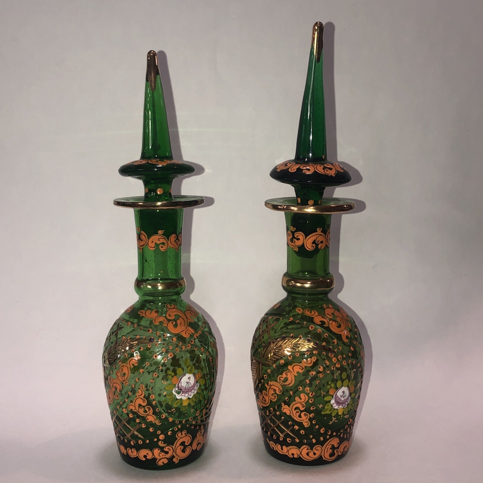2 Enamored Hand Painted Floral Green Glasses Decanters Middle East 20th Century