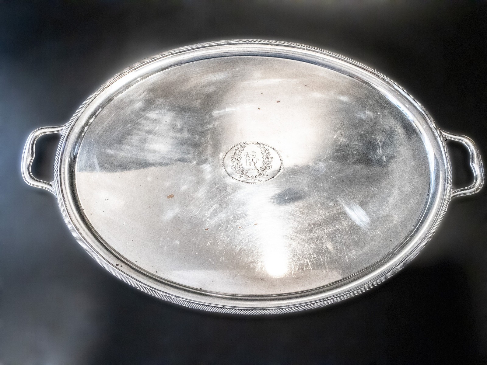 Antique Old Sheffield Plate Serving Tray With Family Crest Inlaid Ster
