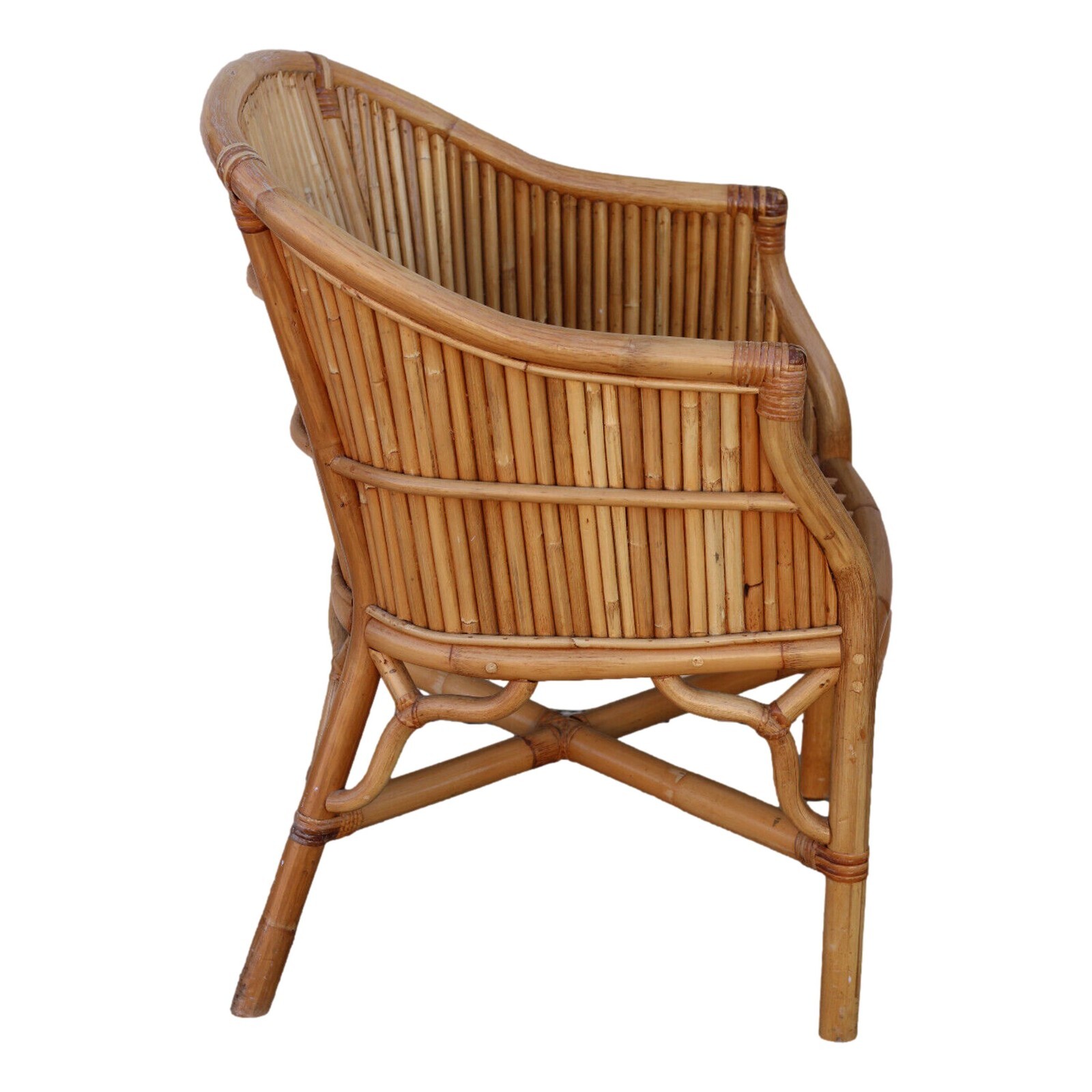 4 Split Reed Rattan Bamboo Barrel Back Dining Chairs Organic Modern w/ Fretwork