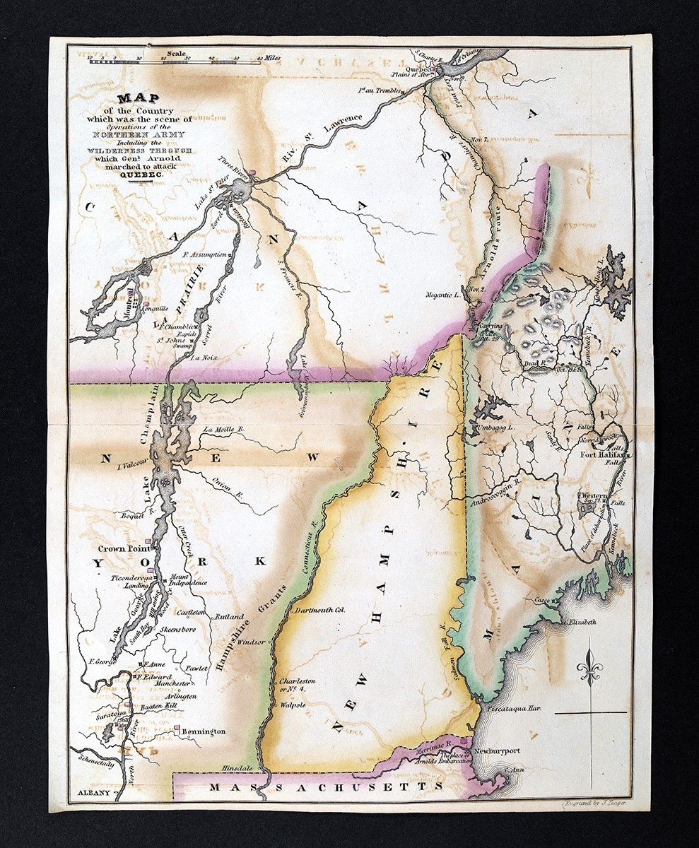 1834 US Revolutionary War Map Arnolds March Quebec Fort Ticonderoga NY NH ME MA
