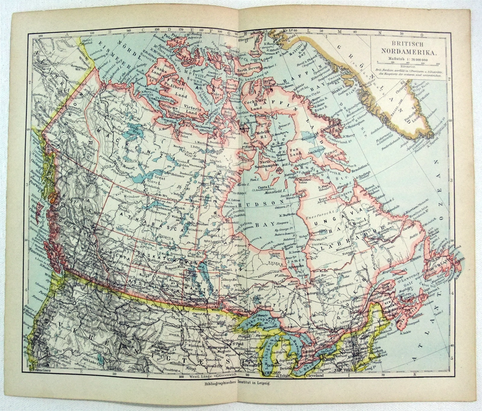 British North America – Original 1900 German Language Map by Meyers