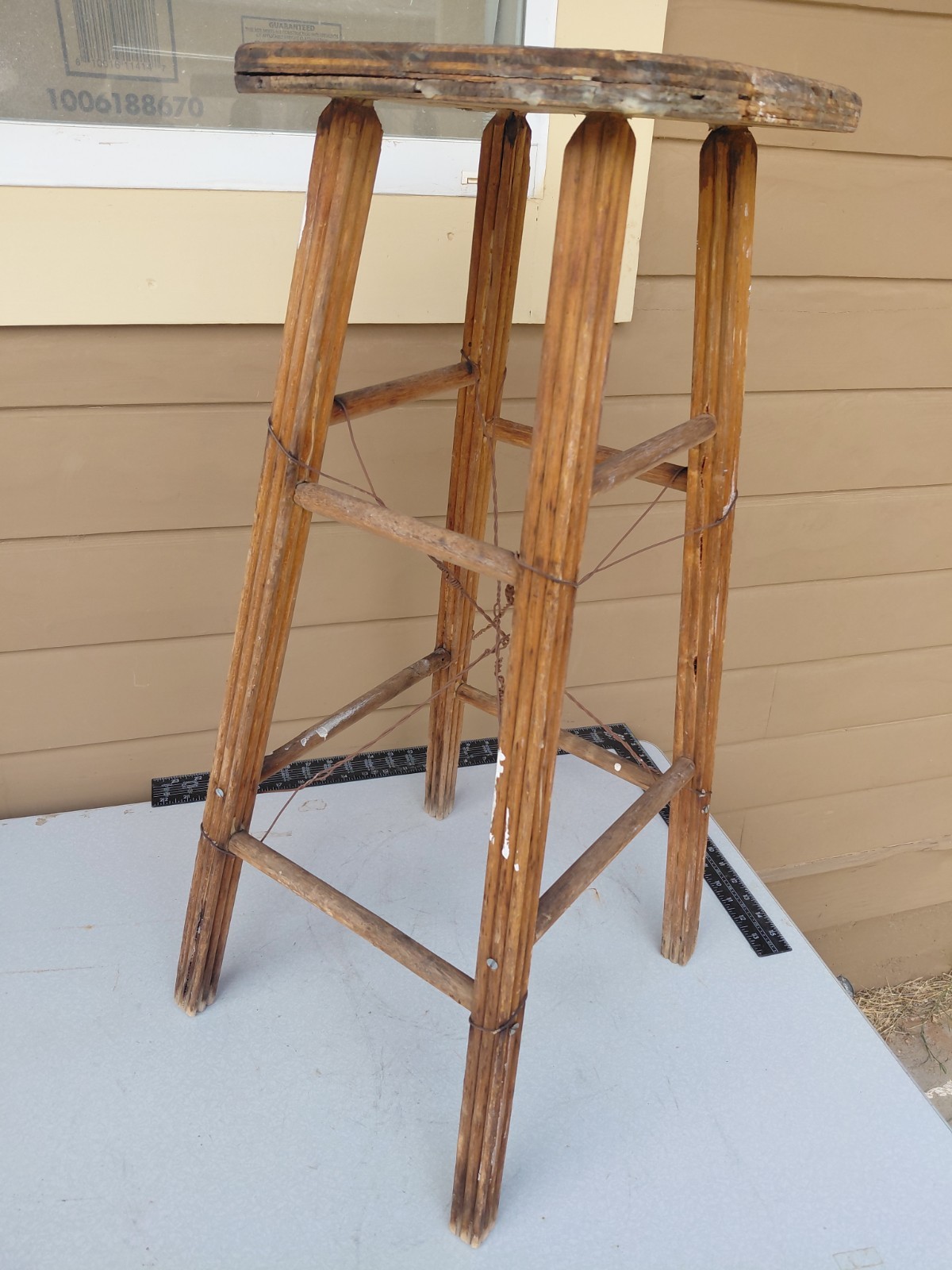 Antique Wooden Primitive Square Stool W/ 4 Legs 29” Farmhouse Country Rustic