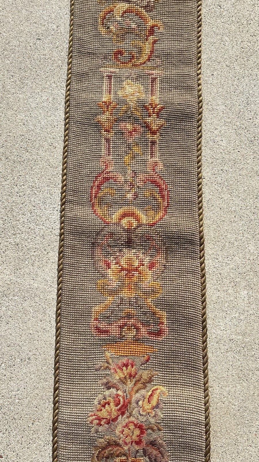 Vtg Needlepoint Bell Pull Wall Hanging Floral Urn Tapestry Bronze Hardware 60”