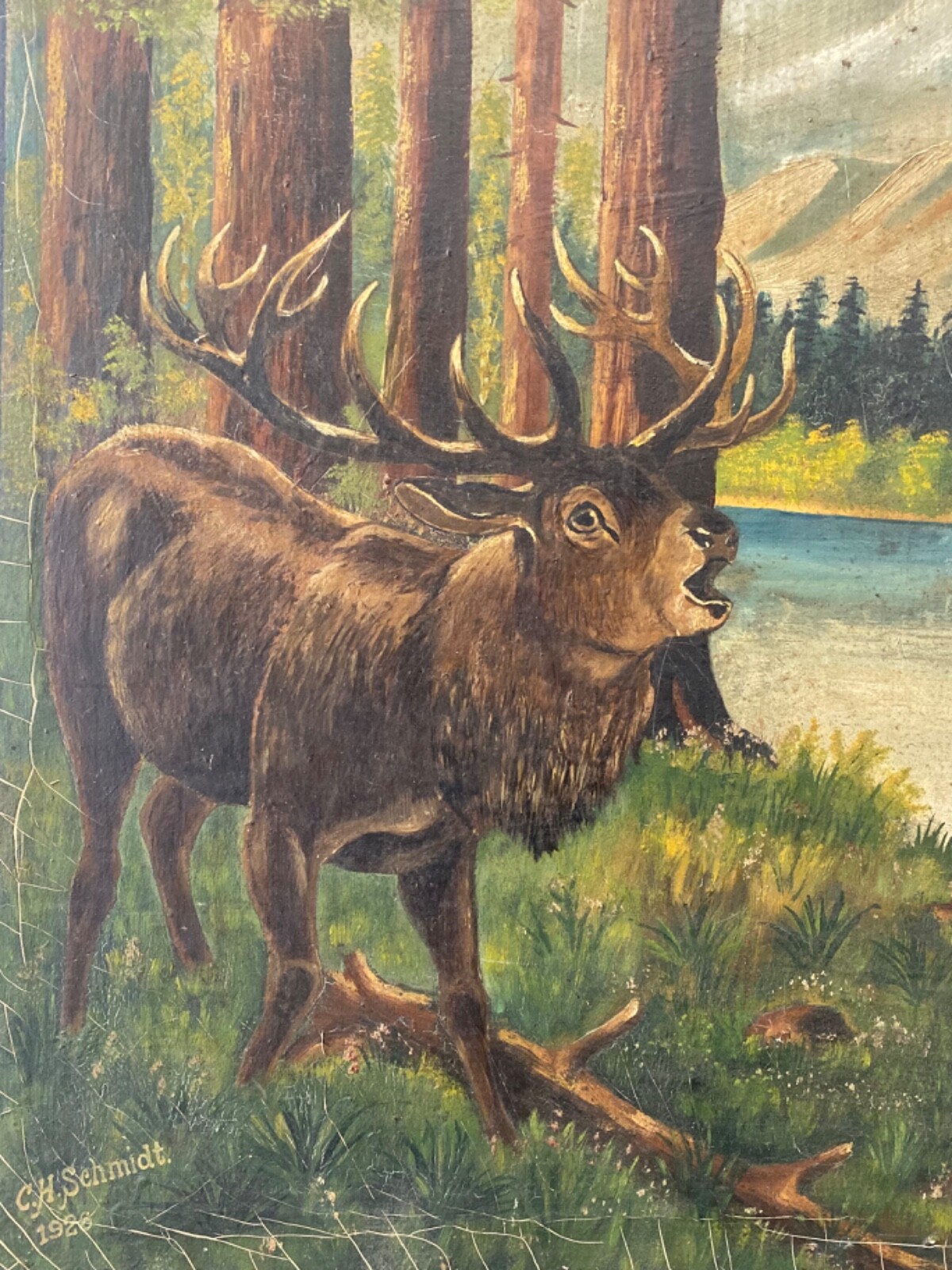 🔥 Antique Old Primitive American Folk Art Forest Elk Landscape Oil Painting ’26