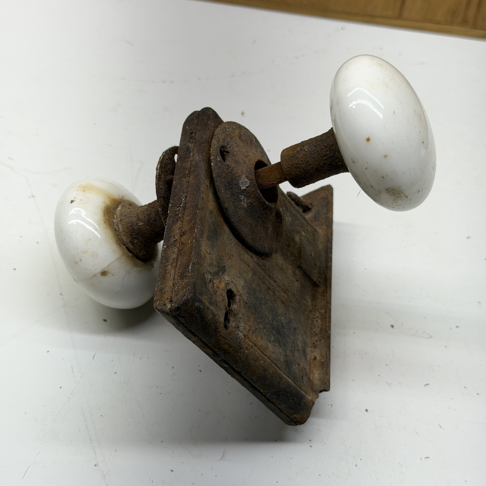 Antique White Porcelain Door Knobs & Rusty Cast Iron Surface Mount Rim Lock Set