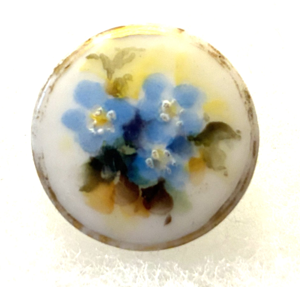 Antique Porcelain Stud Button Hand Painted Blue Forget-me-nots Gold Edge