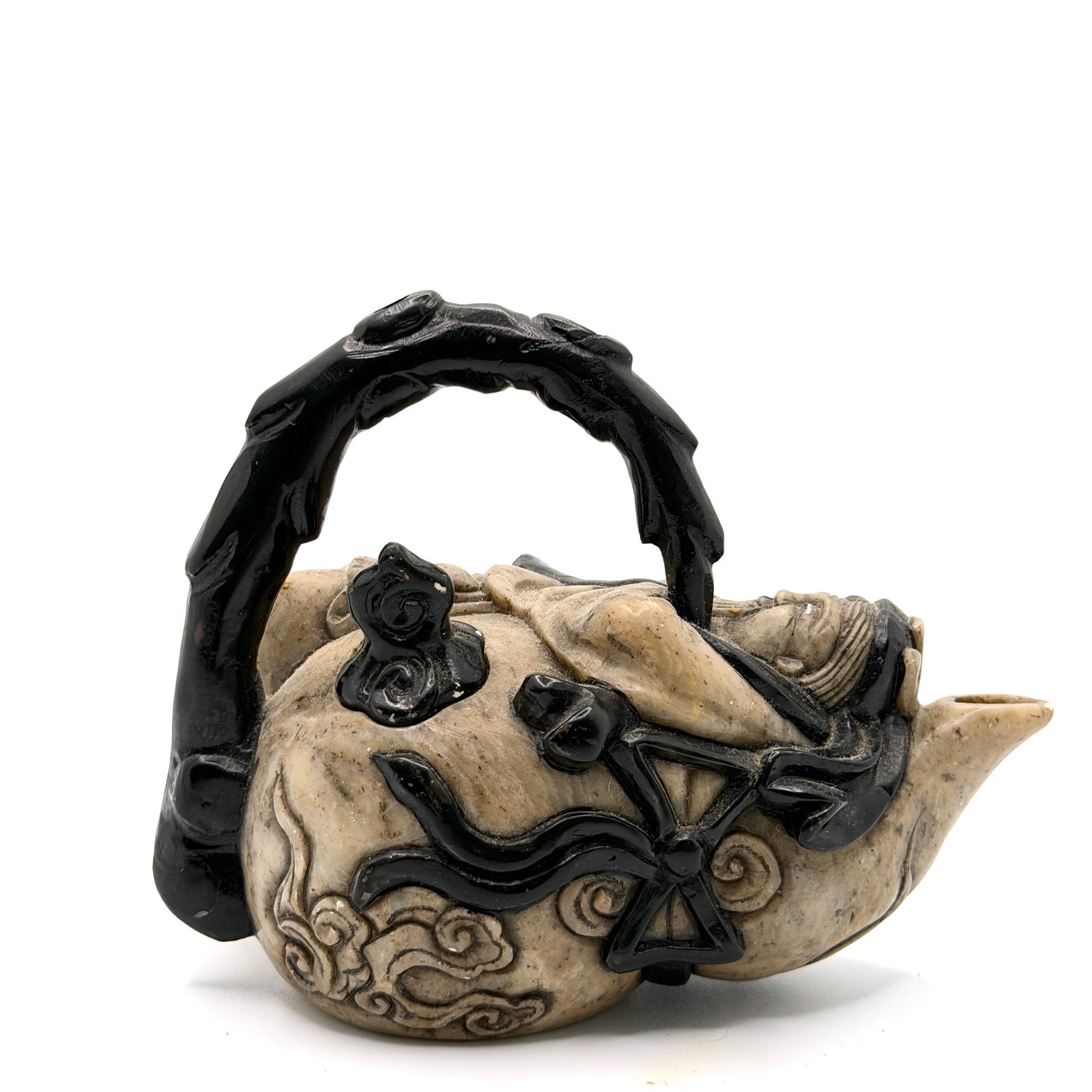Vintage 70s Tan Black Shoushan Stone Scholar Figural Teapot