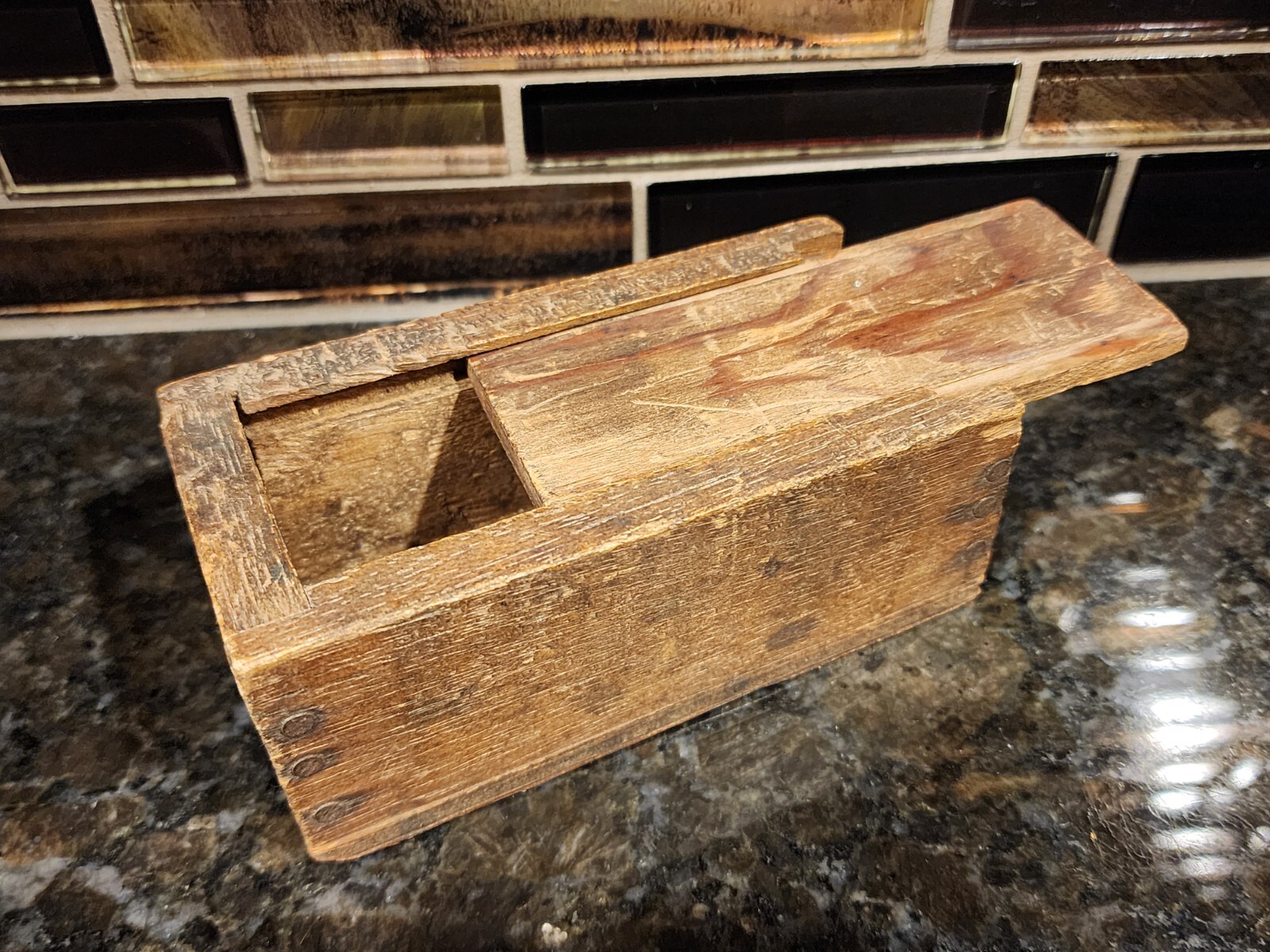 Wood Slide Top CANDLE Box Small Nailed Primitive Folk Art
